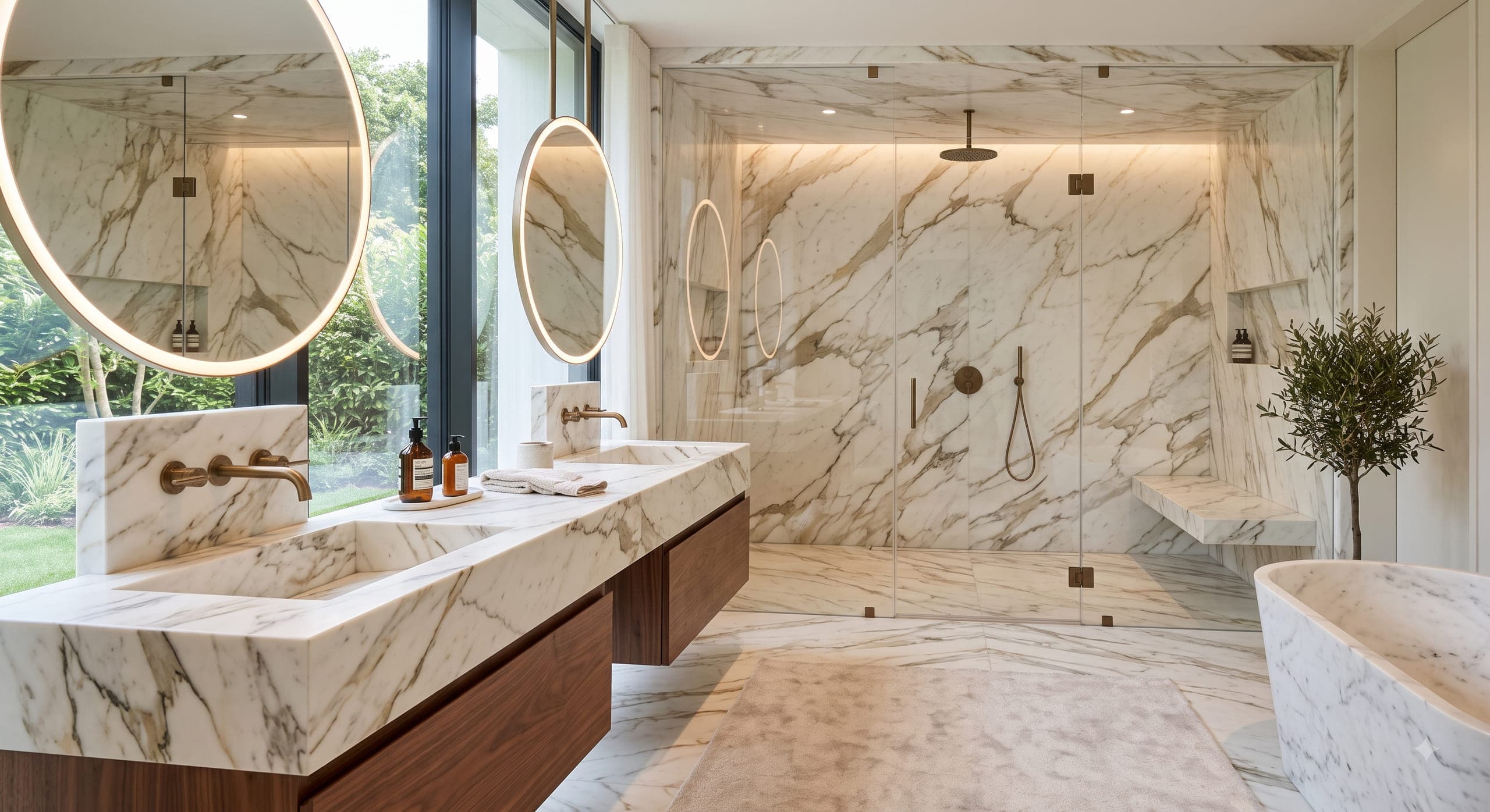 Marble bathroom vanity and glass shower surround with round mirrors