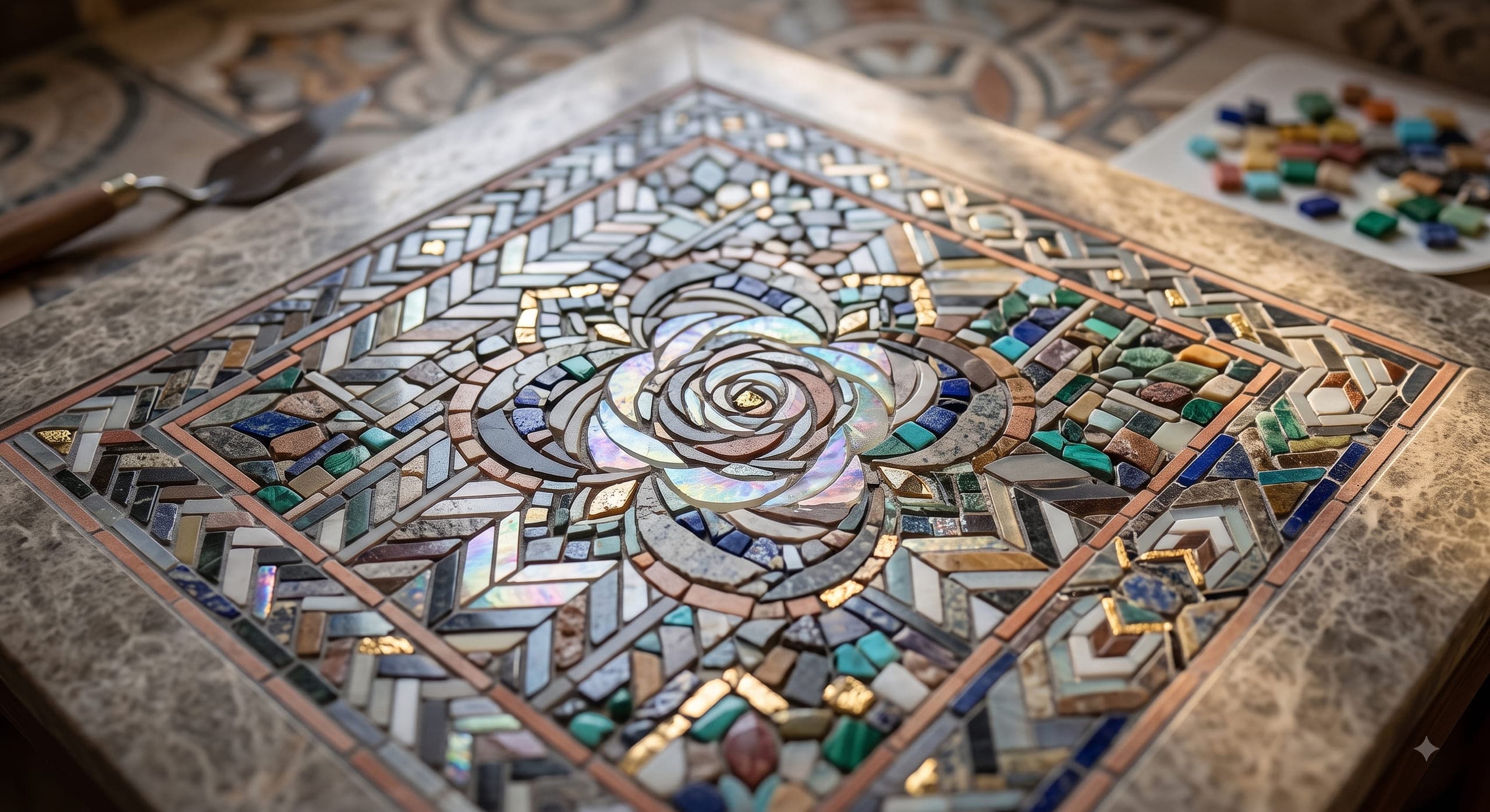 Close-up of an intricate hand-set stone mosaic tile inlay